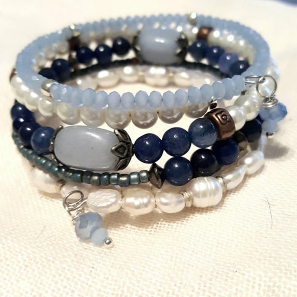 Shabby Chic 5 Layer Pearly Blue Lapis Bracelet - Picture 6 of 8